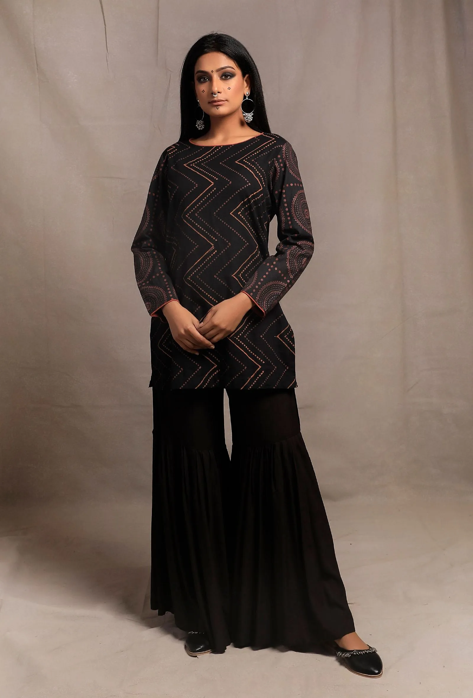 Black Hand Block Printed Straight Short Kurta