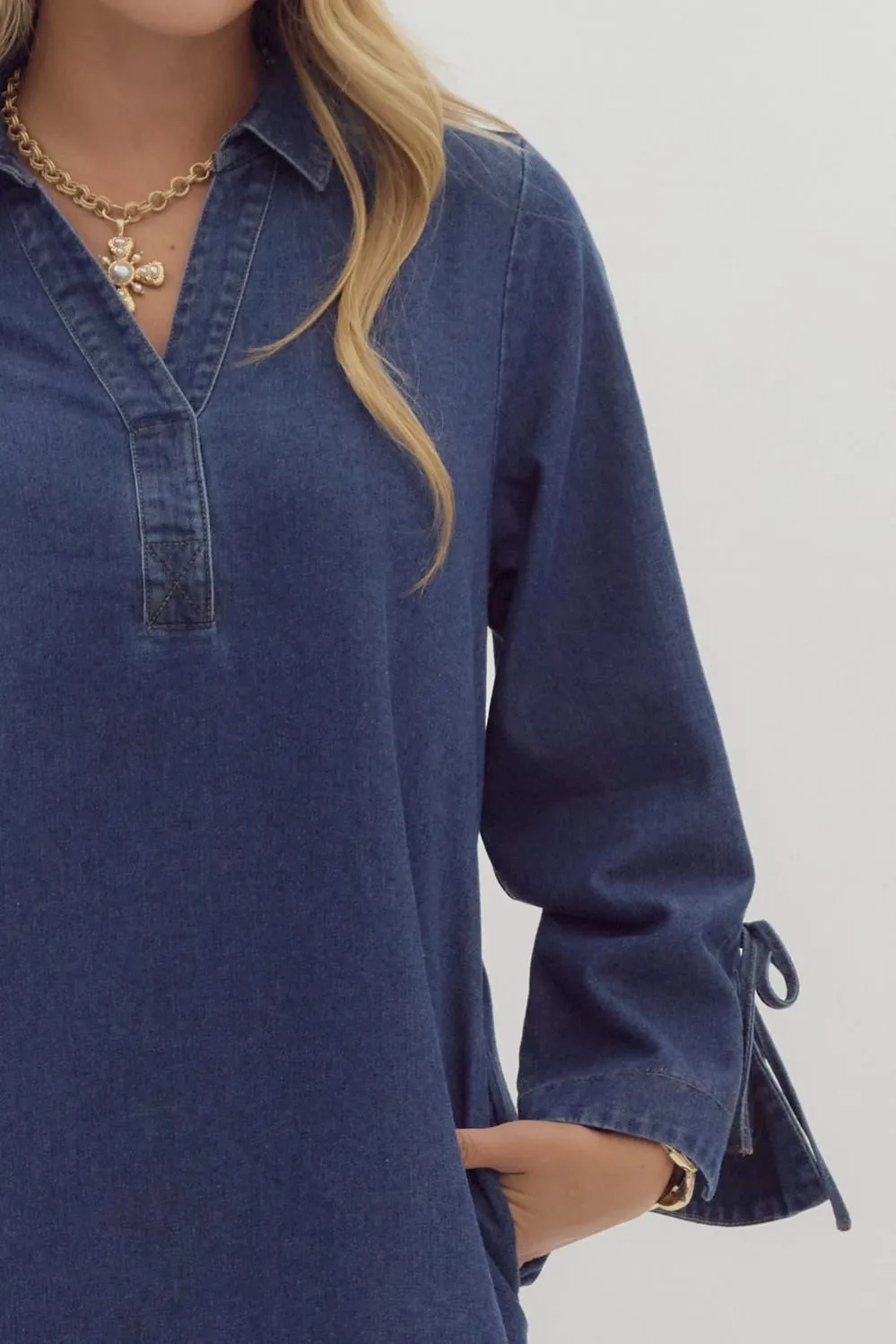 Dark Denim Long Sleeve Dress w/ Adjustable Waist