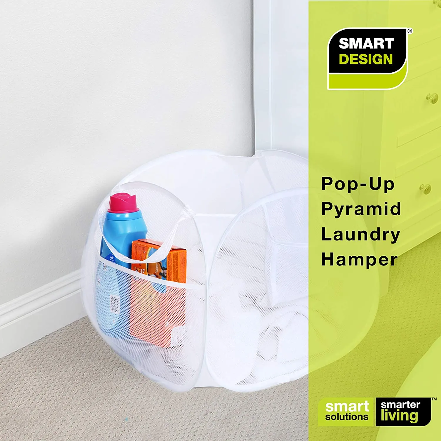 Deluxe Mesh Pop Up Square Laundry Basket Hamper with Side Pockets and Handles