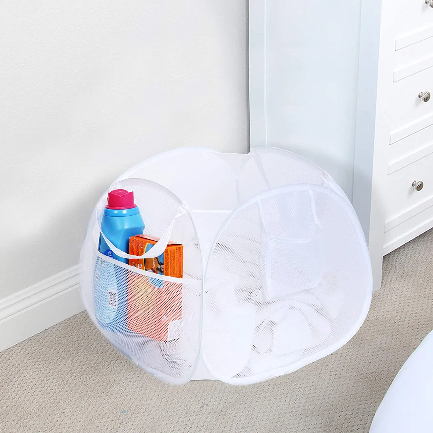Deluxe Mesh Pop Up Square Laundry Basket Hamper with Side Pockets and Handles