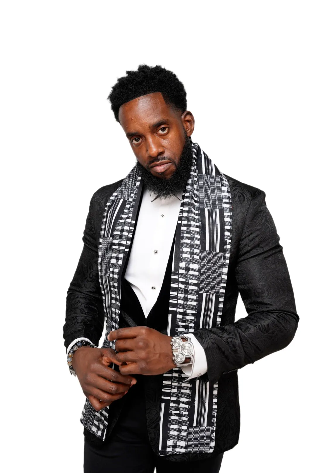 Dupsie's Otumfuo Black and White Kente African Print Sash DPB0795S