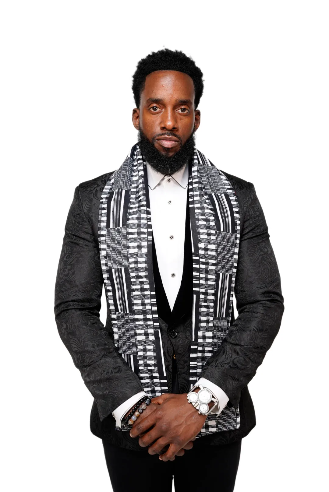 Dupsie's Otumfuo Black and White Kente African Print Sash DPB0795S