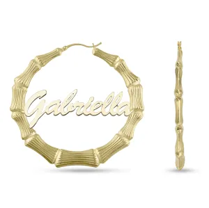 Ladies Script Name Plate Bamboo Hoop Earrings 14K Gold - Style 1