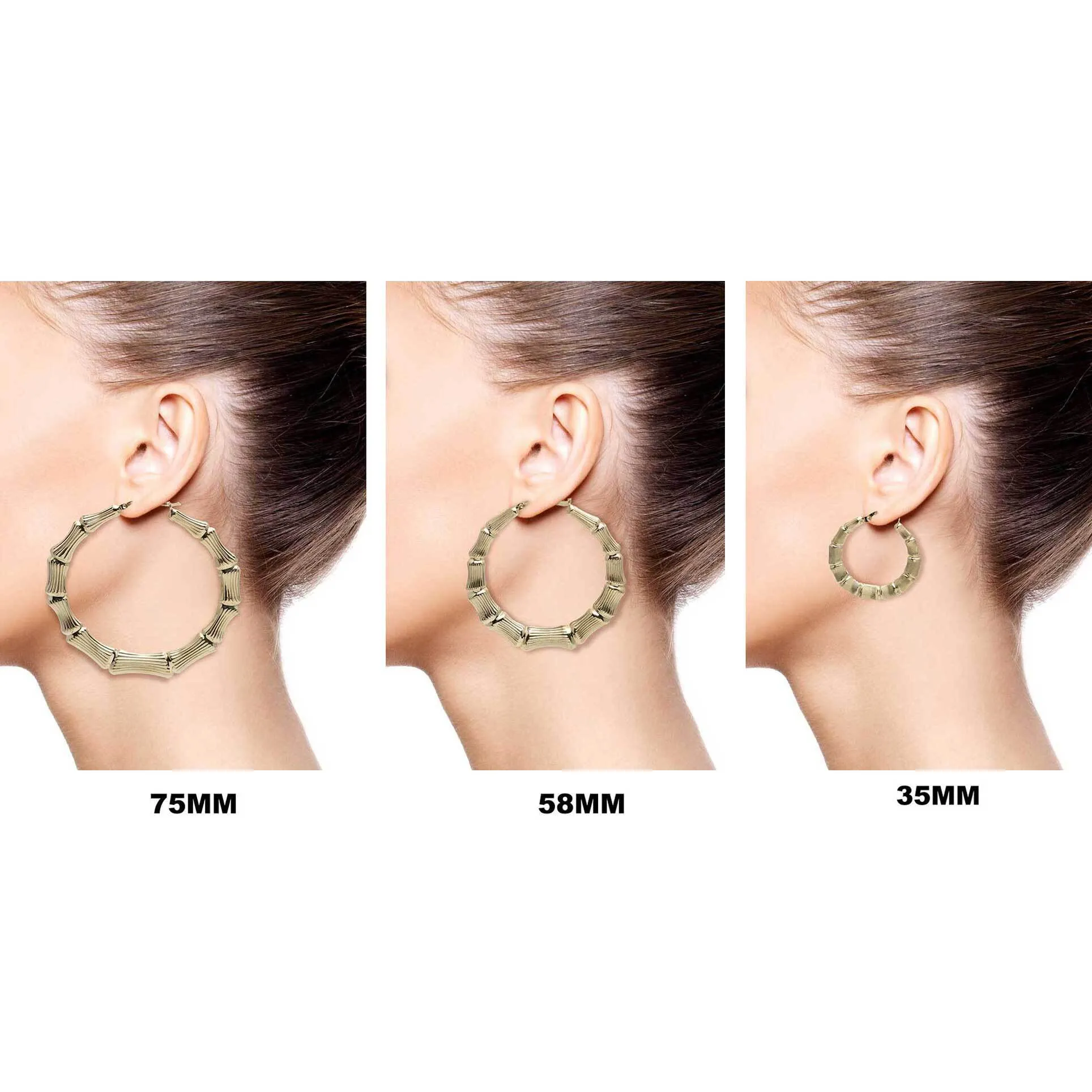 Ladies Script Name Plate Bamboo Hoop Earrings 14K Gold - Style 1