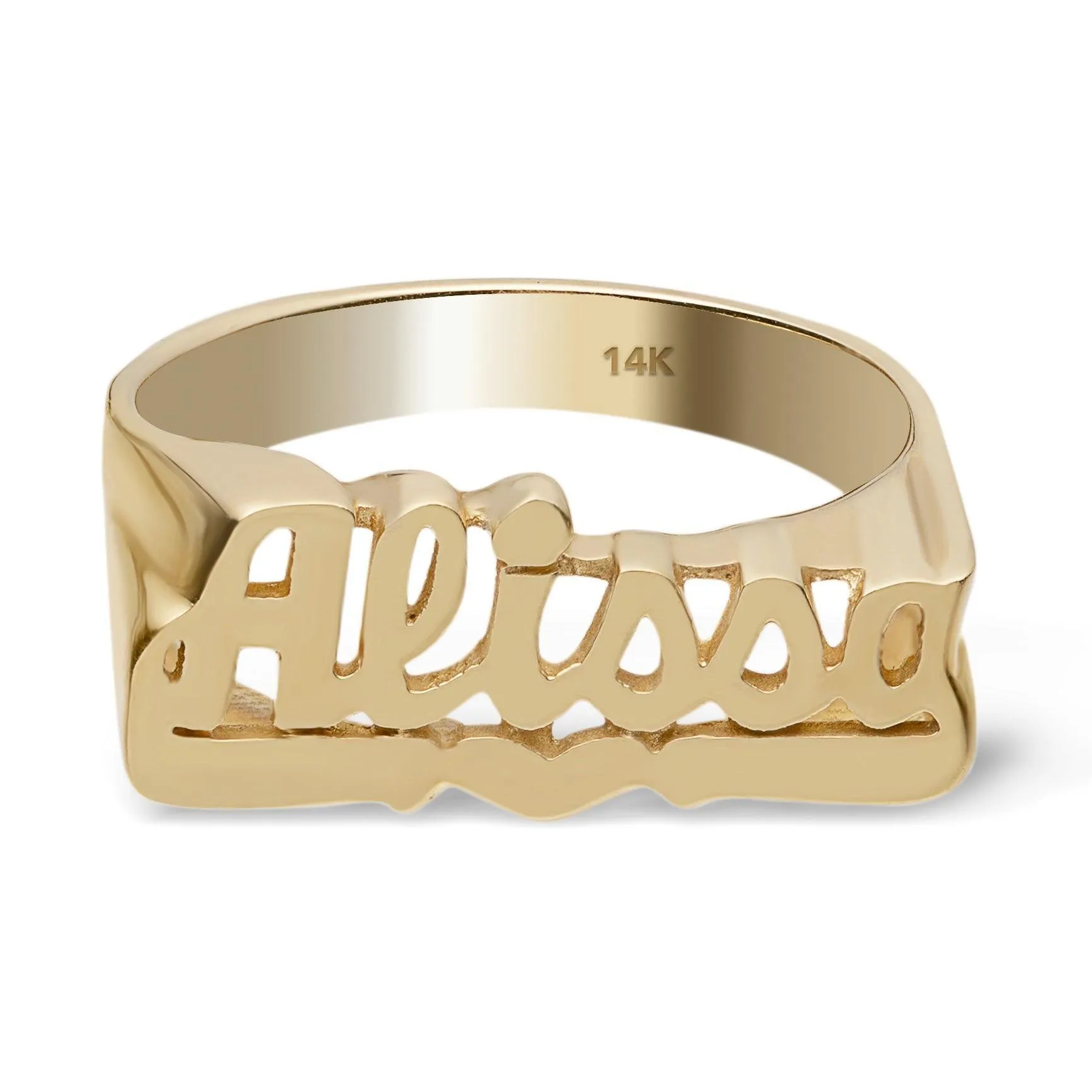 Name Ring with Heart Ribbon 14K Gold - Style 14
