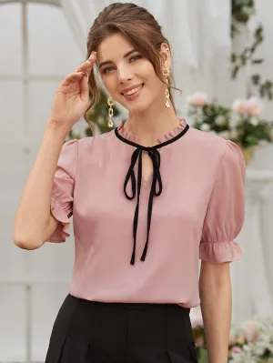 Pin Stand Collar Tie Neck Flounce Sleeve Blouse Top