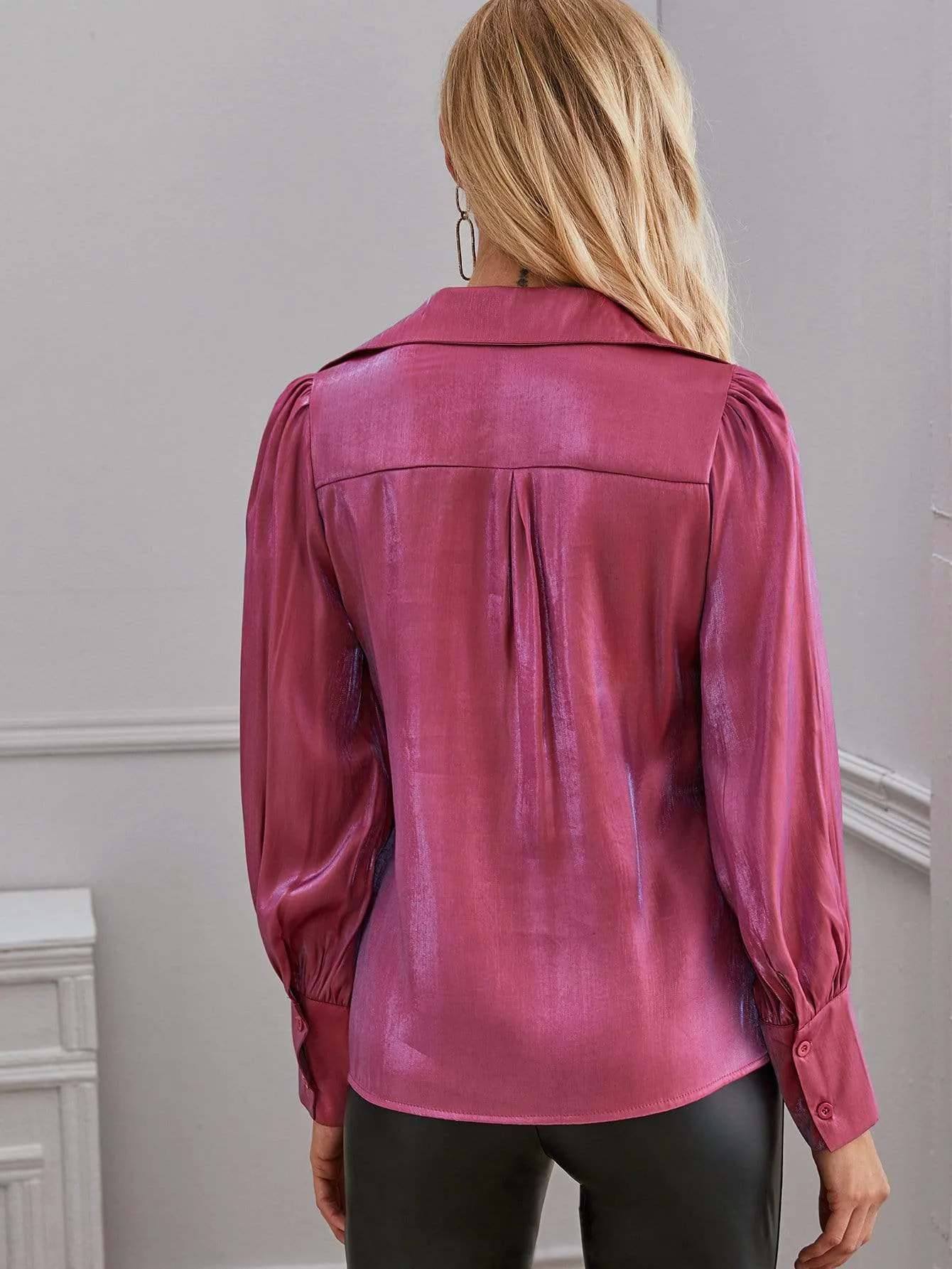 Pink Holographic Bishop Sleeve Blouse Shirt
