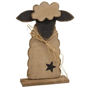 Rustic Wood Primitive Fluffy Sheep on Base 16.5"H
