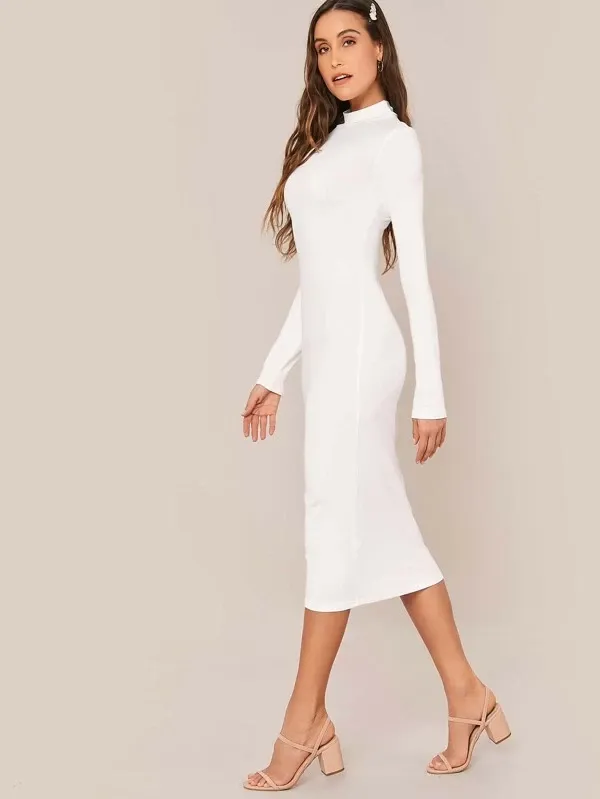 Stand Collar Slim Fit Mock-neck Solid Pencil Dress
