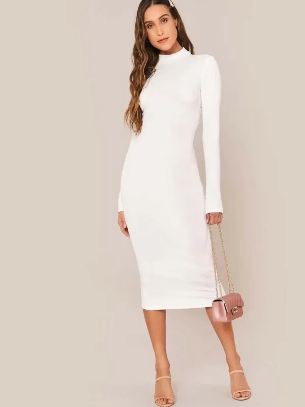 Stand Collar Slim Fit Mock-neck Solid Pencil Dress