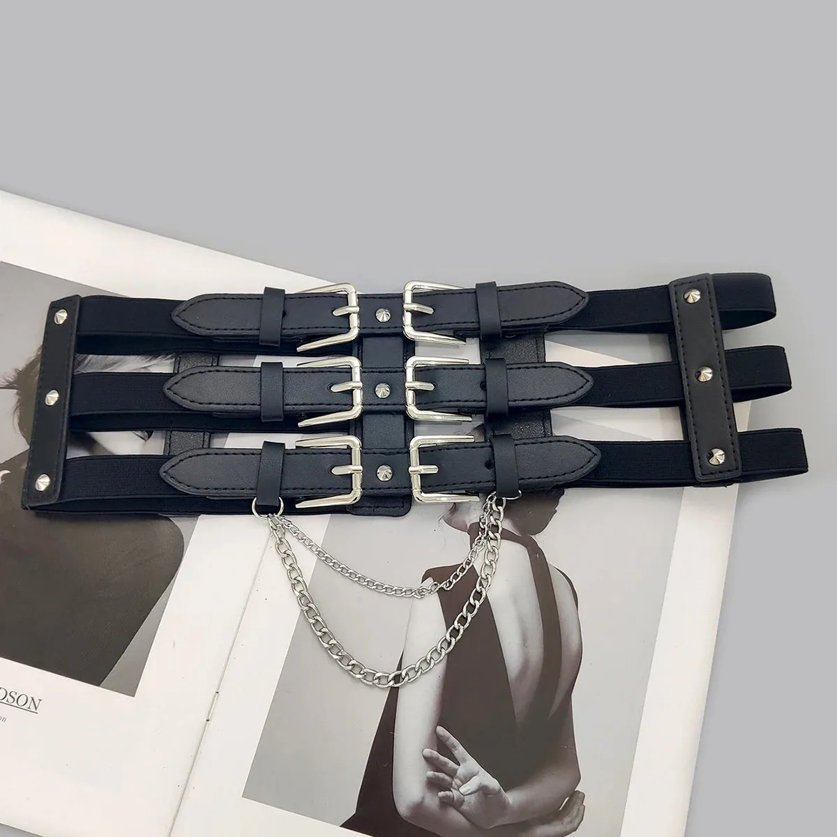 VAIGE Luxe Triple Buckle Chain Corset Belt in Black and Gold
