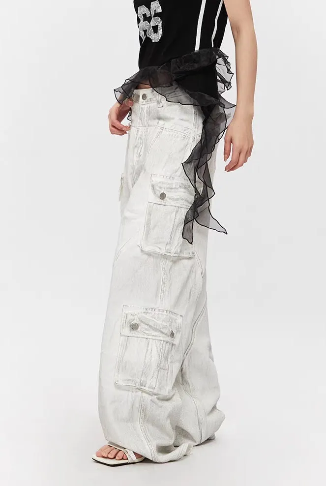 Washed White Multi-Pocket Panel Cargo Jeans