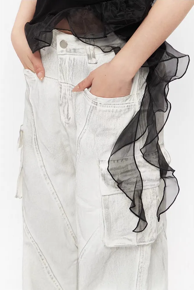 Washed White Multi-Pocket Panel Cargo Jeans