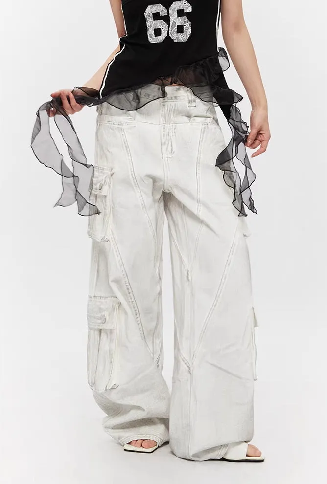 Washed White Multi-Pocket Panel Cargo Jeans