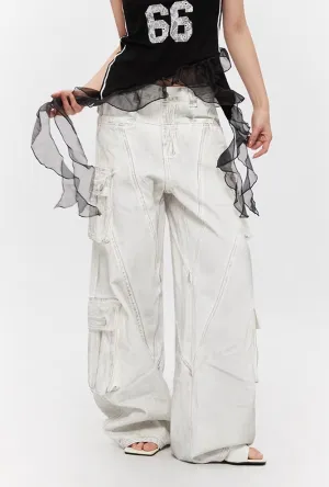 Washed White Multi-Pocket Panel Cargo Jeans