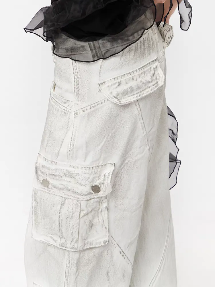 Washed White Multi-Pocket Panel Cargo Jeans