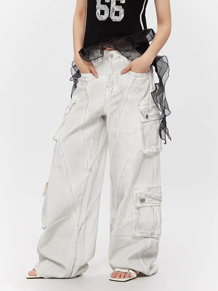 Washed White Multi-Pocket Panel Cargo Jeans