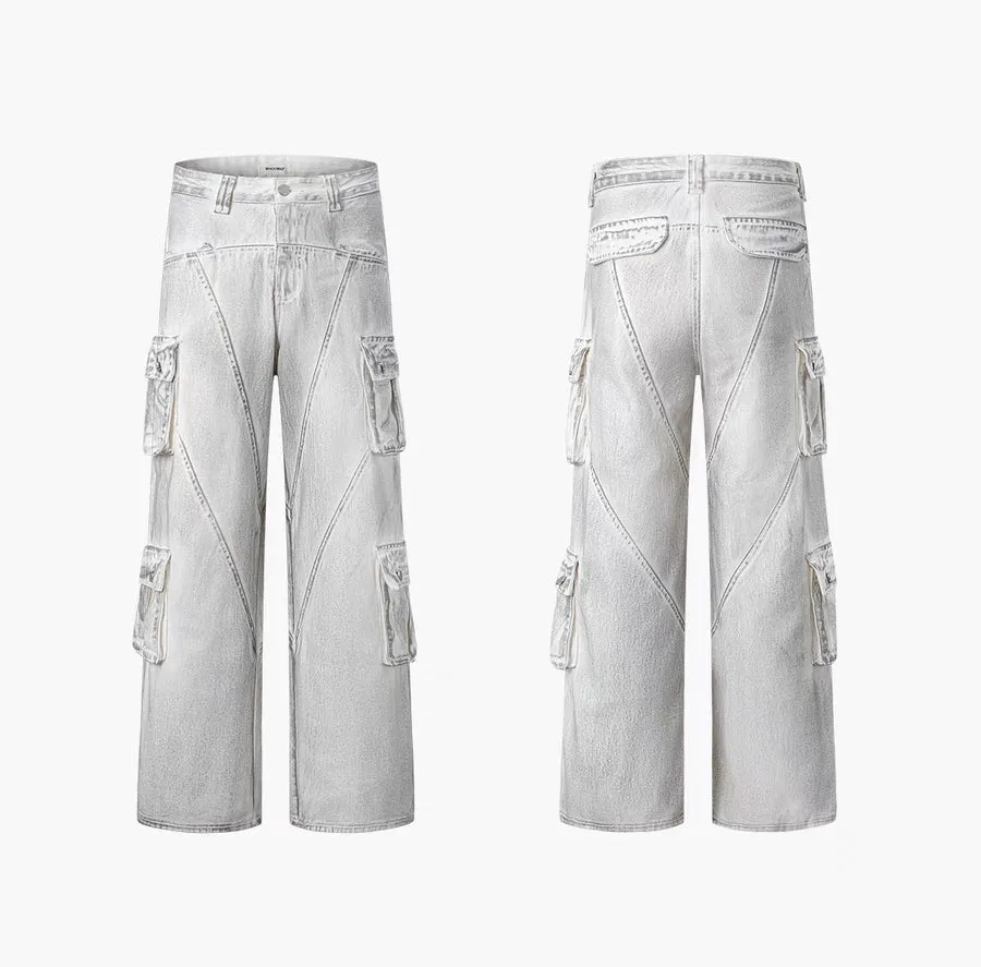Washed White Multi-Pocket Panel Cargo Jeans